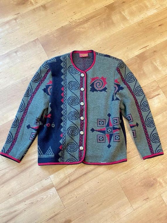 Vintage 1970-80's Austrian Geiger Cardigan Sweater, Wool