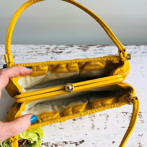 1970's Zenith Mustard yellow faux leather handbag top… Gem