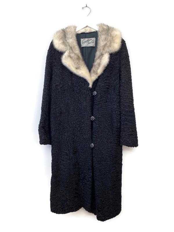 1960's Black Fur Coat Russian Curly Lamb With Fox Collar by