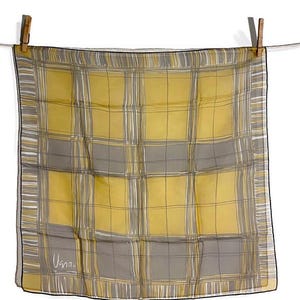 1970&#39;s Vera sheer vinyl & silk scarf square in mustard yellow gray geometric pattern summer head scarf, Verasheer fabric made in Japan VGcd