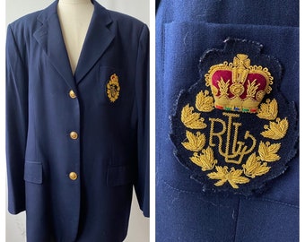 Vintage Y2K Lauren navy wool blazer with Ralph Lauren Logo embroidered on pocket, XXL size 18