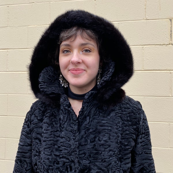 1980's long Black Persian lamb fur Coat, Hy Fishman Furs with removable hood, excellent Condition