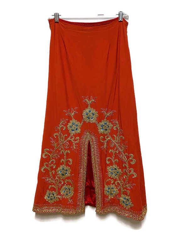 1970's orange with ornate gold embroidery long sk… - image 9