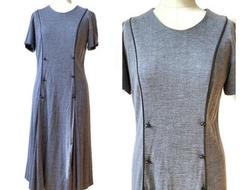 Vestido de jersey negro y gris de los años 70, talla pequeña/mediana moderna, buen estado.