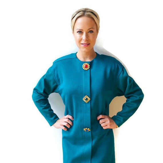 1980’s dress R&K Originals Turquoise green with j… - image 2