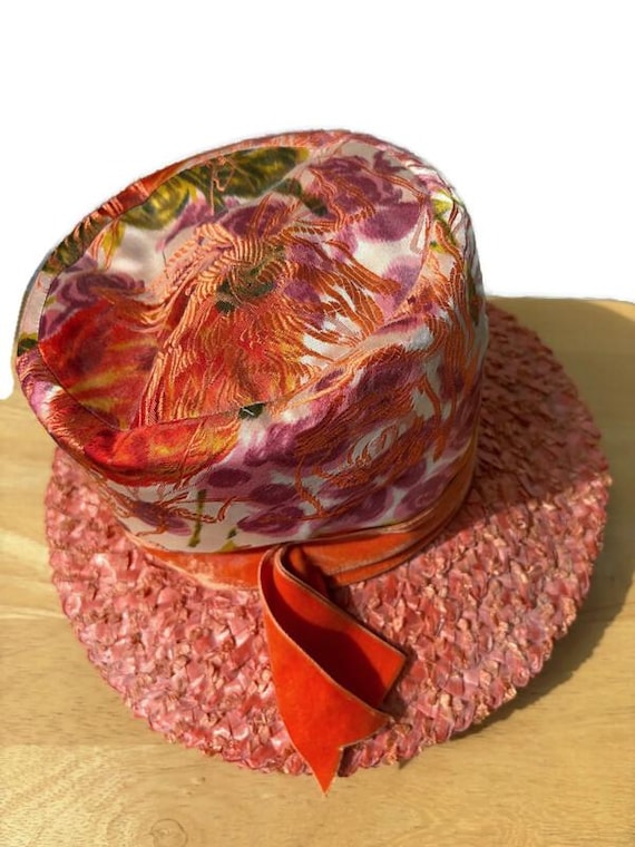 Mid Century Orange hat straw and floral fabric, D… - image 2
