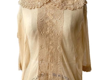 Edwardian 1910's Blouse ecru cream fine cotton sheer tulle netting lace collar and trim, Modern medium