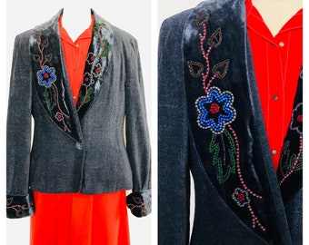1990's Double D Ranch Wear Vintage blazer size Small, Navy chenille with glass bead decoration in Excellent condition, Western wear, Cowgirl