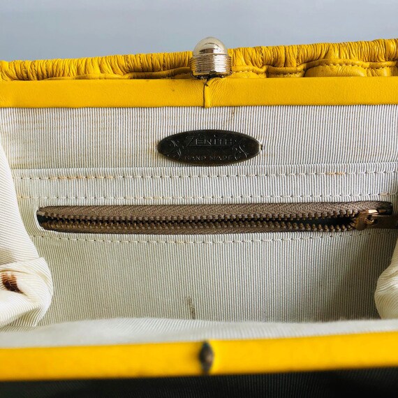 1970's Zenith Mustard yellow faux leather handbag top… Gem