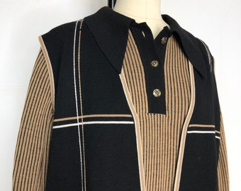 1960's Gina Teresa 3 piece pant suit MOD, 100% wool, long sleeve shirt vest and pants Black and Tan, made in Hong Kong