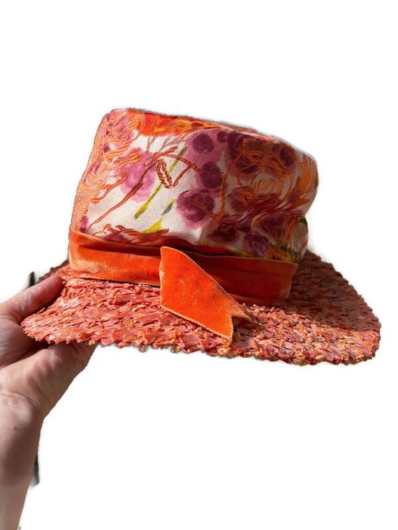 Mid Century Orange hat straw and floral fabric, D… - image 5