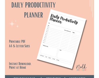 May include: A Daily Productivity Planner printable PDF on a peach background. The planner features a date line, a task list with checkboxes, columns for time and subject, and sections for important tasks and notes. Text includes Daily Productivity Planner.