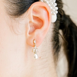 DIEDRA // Simple Pearl Diamond Wedding Earrings, silver Drop Cubic Zirconia Bride Earrings,Statement Bridal Earrings,Wedding Drop Earrings