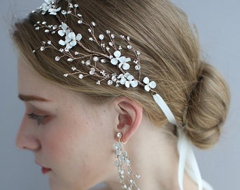 HILARIA // Baby's breath Floral Bridal Headband Tiara and Earrings, floral bride headband, white flower bride headpiece, unique bride tiara