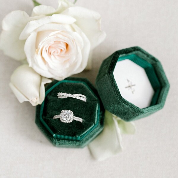 Emerald Hunter Green Octagon Velvet Ring Box, Monogram engagement ring box, custom ring box, personalized initial ring box, engagement gift