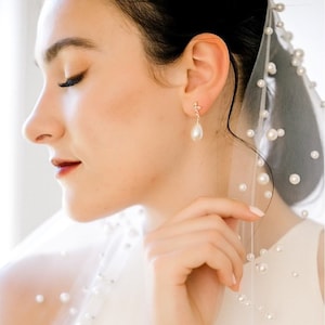 PINA // Simple Pearl Diamond Wedding Earrings, silver Drop Cubic Zirconia Bride Earrings,Statement Bridal Earrings,Wedding Drop Earrings