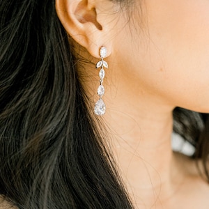 ODETTE // Simple Long Drop Rose Gold Diamond Drop Wedding Earrings, Zircon Earrings,long Bridal Earrings, Wedding Drop CZ diamond Earrings