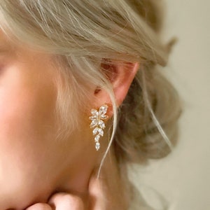 JANELLE // Diamond Leaves Drop Wedding Earrings, Silver Diamond Bridal Stud Earrings, drop CZ  Gold wedding earrings, long bridal earrings