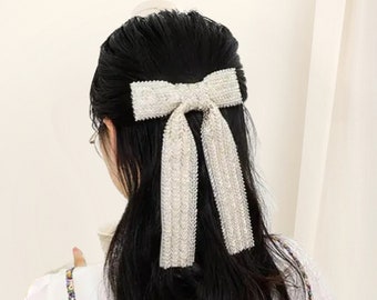 Beaded Bow hair Clip Bow Bridal Hair Pin Hair Bow Silver Bow Hair Bow Clip Coquette Style Bride Bow Hair accessory Bow hair style - JAYLA