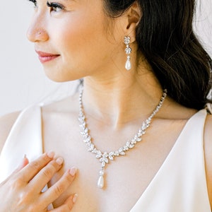 JOANNA pearl Set // Pearl Diamond Necklace Earrings set, Diamond wedding Bridal Jewelry Set ,bride wedding accessories set,pearl jewelry set
