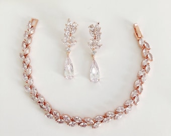 JASMINE Bracelet & Earrings Jewelry Set, Rose Gold wedding Diamond Bridal Earrings and bracelet, bridesmaid rosegold wedding jewelry set