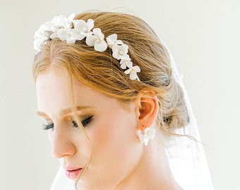 JINEA// Porcelain White Floral Bridal Headband, boho flower bride headband, floral bride headpiece, unique bride headband, boho bride hair