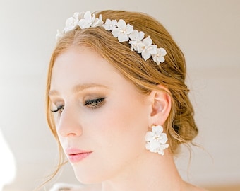 CELENA// Porcelain White Floral Bridal Headband, boho flower bride headband, floral bride headpiece, unique bride headband, boho bride hair