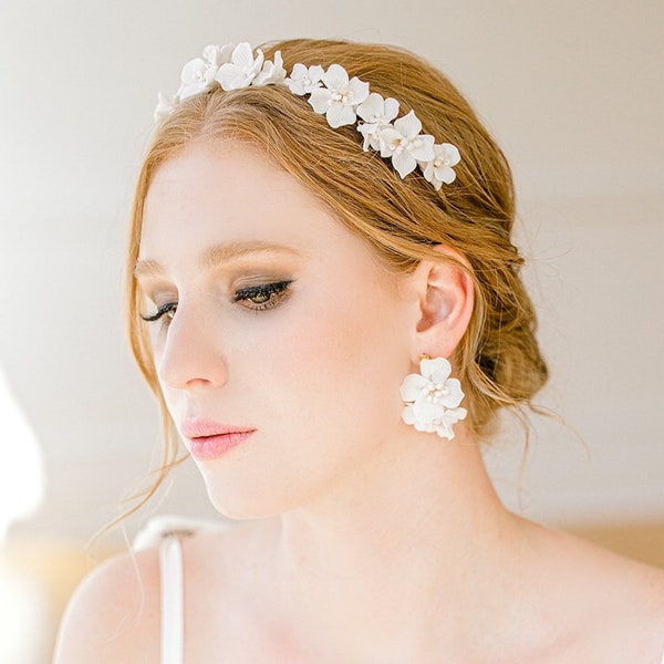 CELENA// Porcelain White Floral Bridal Headband, boho flower bride headband, floral bride headpiece, unique bride headband, boho bride hair