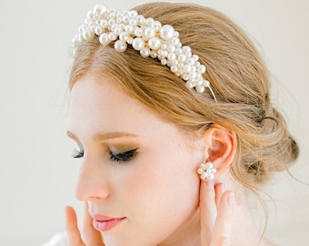 FIOLA Set // Pearl Bridal Headband Earrings Set ,Pearl bride hair headband earring set, pearl bride headpiece, Bridal hair Pearl Crown tiara