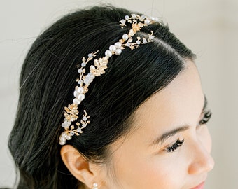 YULIA // Pearl Headband, Simple Diamond Tiara Bridal Headband, Modern simple Tiara headpiece, Crown tiara headband wedding