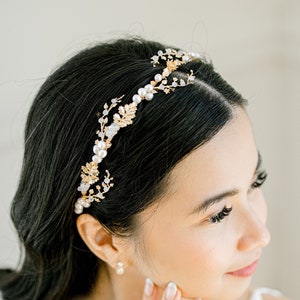 YULIA // Pearl Headband, Simple Diamond Tiara Bridal Headband, Modern simple Tiara headpiece, Crown tiara headband wedding