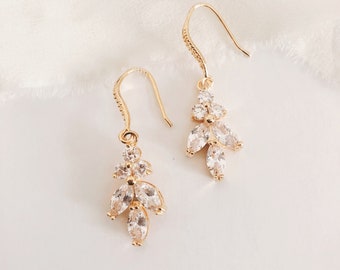 ELLEN //Gold Diamond Leaf Drop Wedding Earrings,Diamond Bridal drop Earrings,gold CZ Earrings,Gold wedding earrings,gold earrings bridesmaid