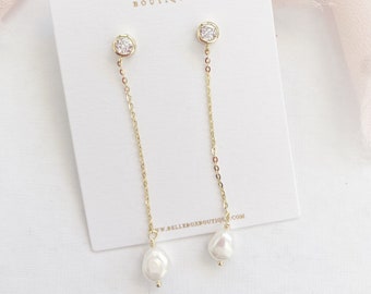 STEZIA // Fresh water Pearl Drop Wedding Earrings,real pearl Bridal Earrings, Long Drop Bridal wedding Earrings,natural pearl earrings