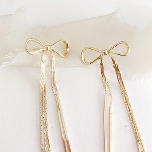 Bow earrings Gold Tassel Fringe Wedding Earrings modern Bride Earrings Bridal Statement Earrings Christmas earrings holiday earrings