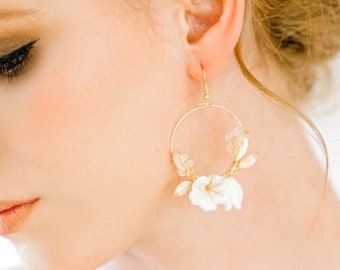 RAYNE // Porcelain Flower Wedding Hoop Earrings ,hoop floral boho Bride Earrings, Wedding flower Garden party Statement unique earrings boho