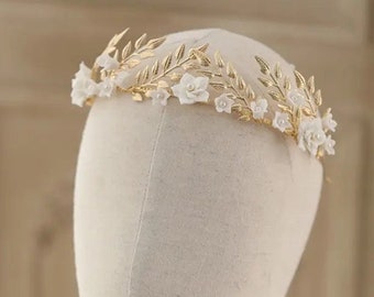 KILINA // Boho floral silver Tiara Crown Headband, silver pearl vintage bridal headband, bride hair accessory, Flower bride headband