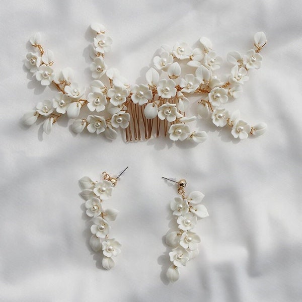 MILICENT Set //White Boho floral hair comb earrings set,ceramic gold pearl bride hair accessory,porcelain flower bride spring hair accessory