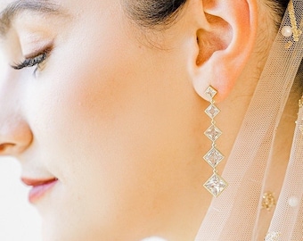 RIYLA  // Diamond Long Drop Wedding Earrings, unique Bridal drop Earrings, gold CZ Earrings, simple wedding earrings, earrings bridesmaid