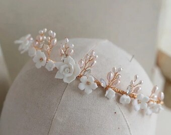 Pearl Porcelain White Floral Bridal Headband pearl flower bride headband floral bride headpiece unique bride headband bridal hair / VIENNA