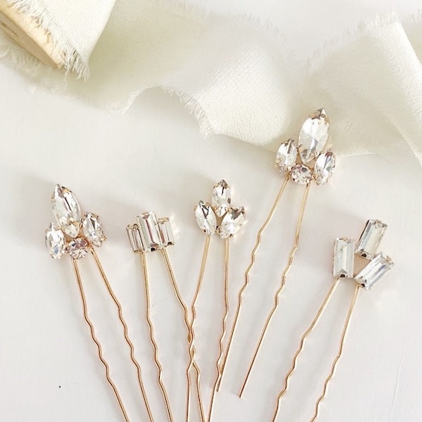 GRETA //Gold Diamond Hair pin set, rhinestone hair pins, diamond hair clips, rose gold hair pin, bride hair pin, simple bride hair accessory