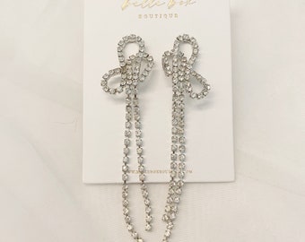 Knot Bow earrings diamond Tassel Fringe Wedding Earrings modern Bride Earrings Bridal shower Earrings sparkly earrings formal  earrings /JEN