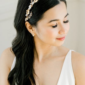 YULIA // Pearl Headband, Simple Diamond Tiara Bridal Headband, Modern simple Tiara headpiece, Crown tiara headband wedding image 3