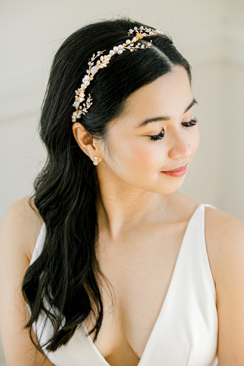 YULIA // Pearl Headband, Simple Diamond Tiara Bridal Headband, Modern simple Tiara headpiece, Crown tiara headband wedding image 3