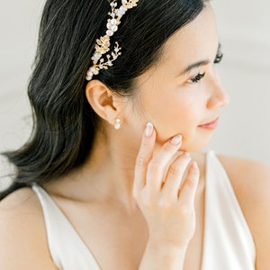 YULIA // Pearl Headband, Simple Diamond Tiara Bridal Headband, Modern simple Tiara headpiece, Crown tiara headband wedding image 4