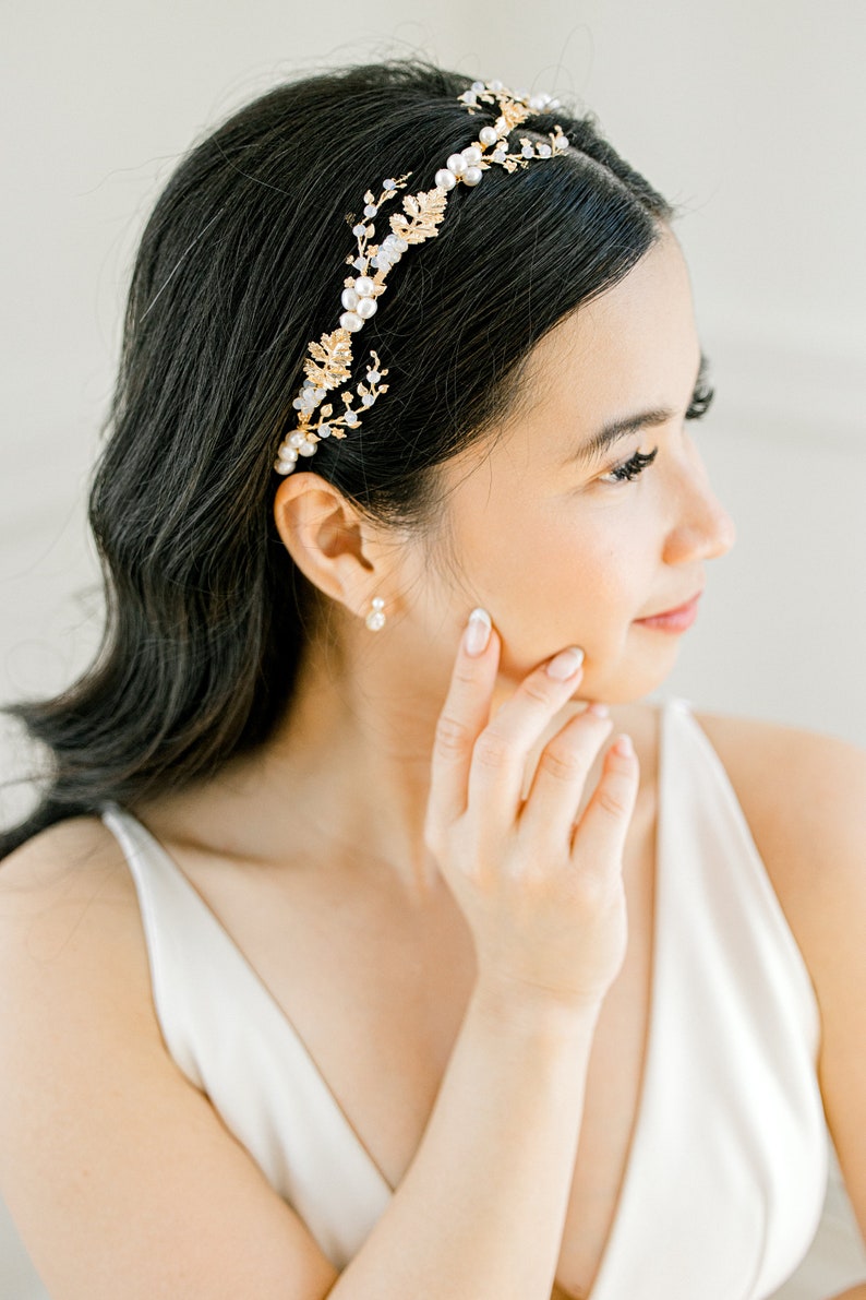 YULIA // Pearl Headband, Simple Diamond Tiara Bridal Headband, Modern simple Tiara headpiece, Crown tiara headband wedding image 4