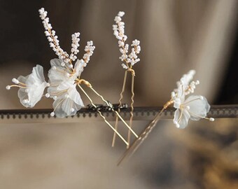 HILDA // Boho floral gold hair pins, Pearl Blush rose gold pearl hair pin, bride hair accessory, boho bride headpiece, Bridal hair