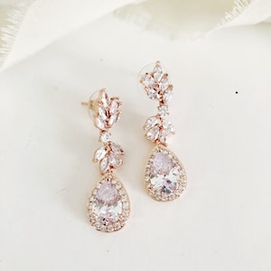 Sale LINELLE // Rose Gold Diamond Drop Wedding Earrings,Cubic Zirconia Bride Earrings,Statement Bridal Earrings,Drop Bridal wedding Earrings