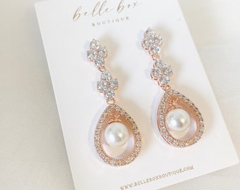 Pearl Drop Wedding Earrings Drop pearl Bride Earrings Statement Bridal Earrings Long Diamond Bridal wedding Earrings rose gold / PILLAR