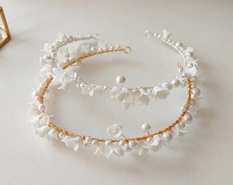 Porcelain White Floral Bridal Headband Pearl flower bride headband floral bride headpiece unique bride headband pearl bride hair / MILLIE