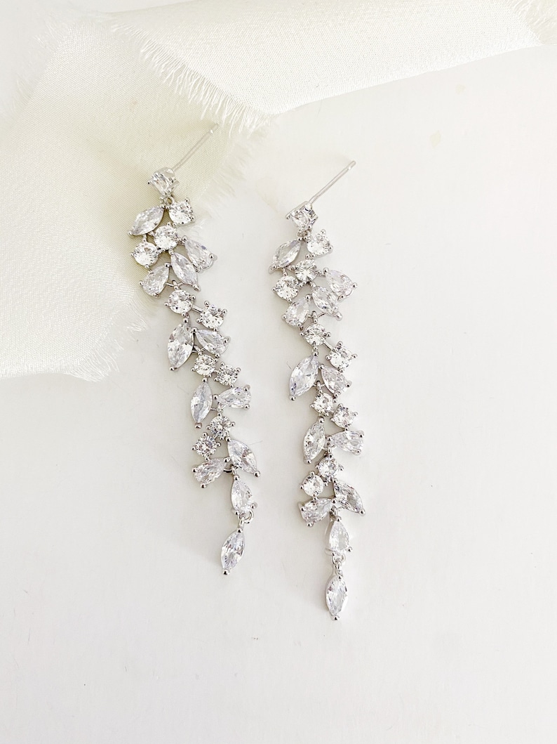 STEFANIE // Diamond Long Drop Wedding Earrings Silver Diamond | Etsy